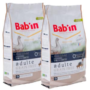 LOT DE 2 PAQUETS de 12 kg de croquettes au poulet, sans céréales chien adulte/  BAB’IN ADULTE GRAIN FREE