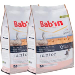 LOT DE 2 PAQUETS de 12 kg de croquettes sans céréales pour chiot/ BAB’IN Junior Grain Free